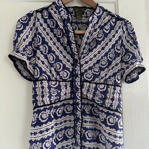 Fei Blue and White Patterned Silk Blouse